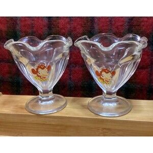 Vintage Elsie the Cow 4 1/8" Pair Clear Glass Stemmed Ice Cream Dishes Sherbets